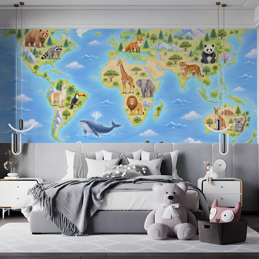 Children's bedroom featuring a world map animal mural on the main wall behind a white wooden crib.