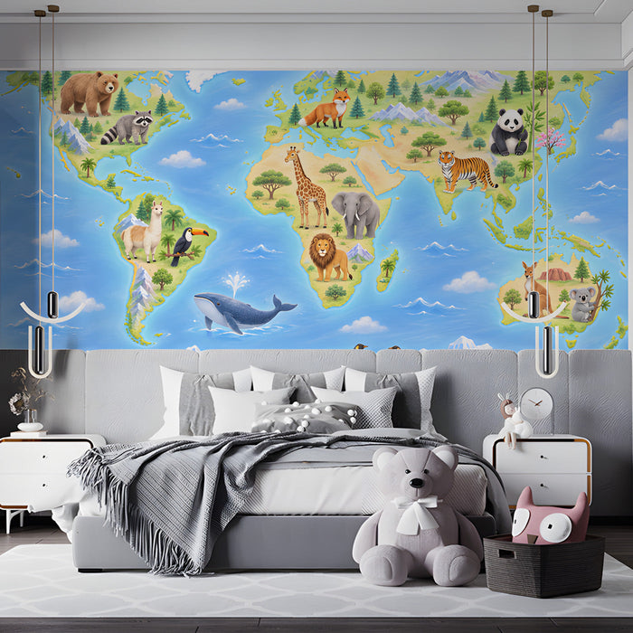 Children's bedroom featuring a world map animal mural on the main wall behind a white wooden crib.