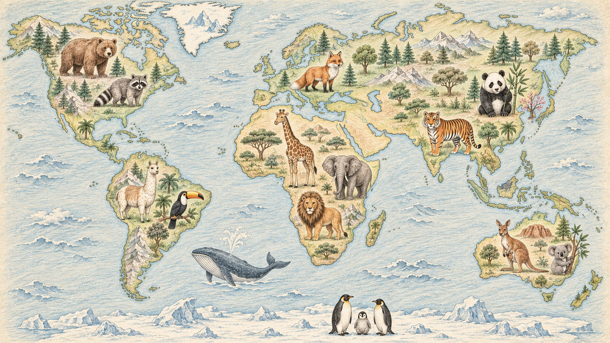 World map wallpaper with detailed hand-drawn animals like lions, pandas, and whales on a parchment-style background.