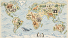 World map wallpaper with detailed hand-drawn animals like lions, pandas, and whales on a parchment-style background.