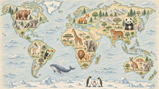 World map wallpaper with detailed hand-drawn animals like lions, pandas, and whales on a parchment-style background.