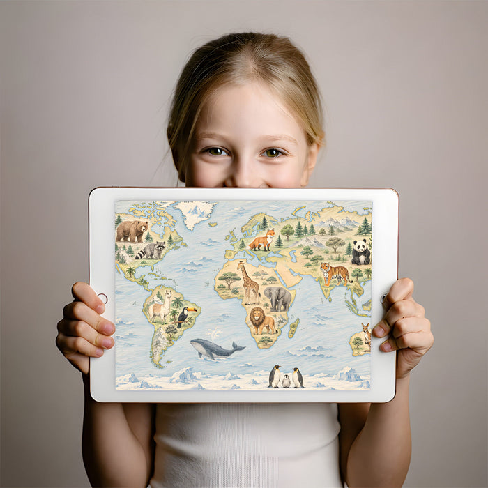 A bright, educational study room wall decorated with a vintage-style illustrated map mural.