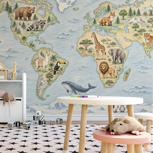 A playroom for children with a world map wall covering featuring animals from around the globe.