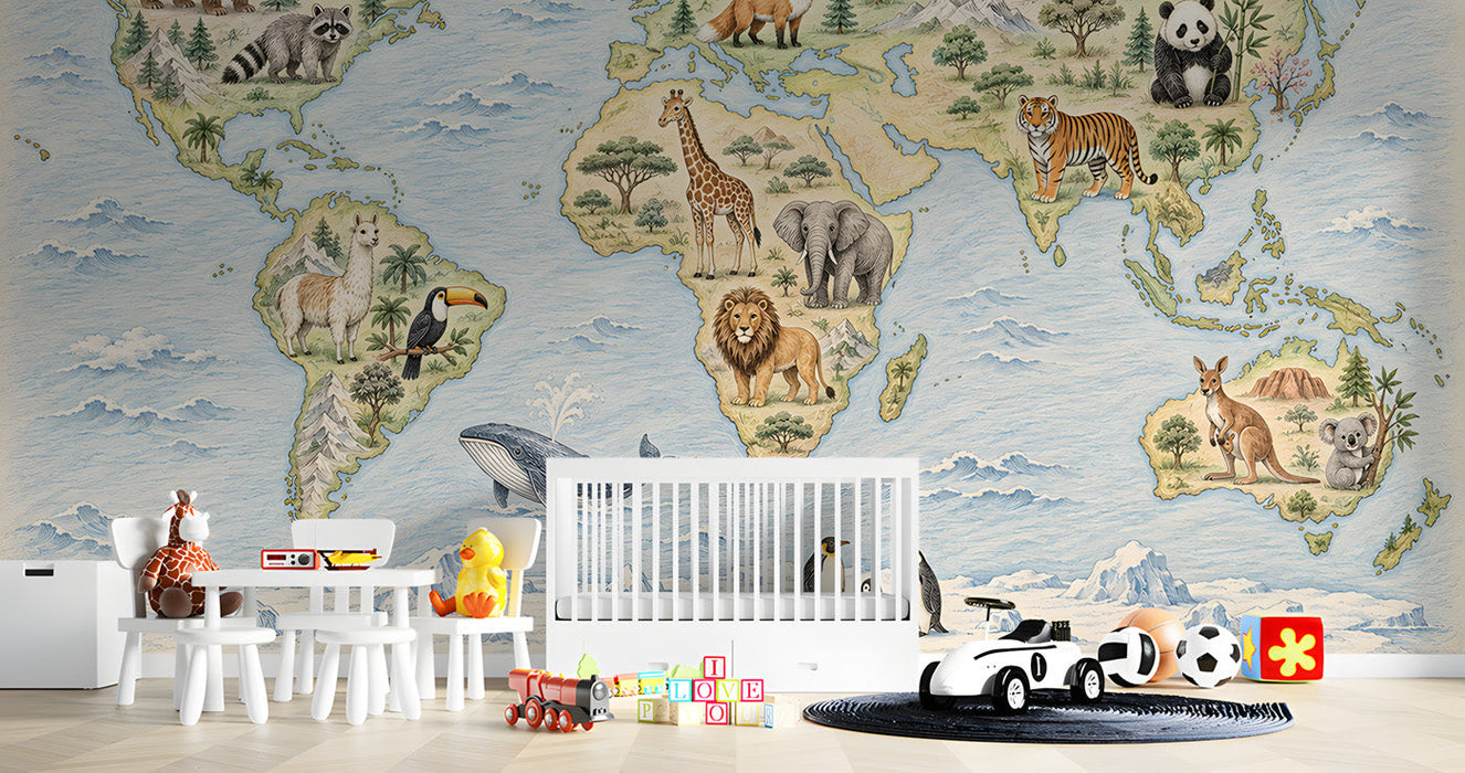 A cozy nursery room featuring a world map wall mural with animal illustrations.