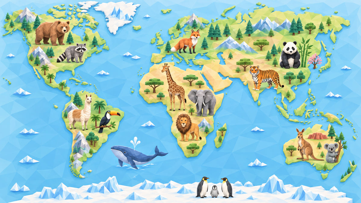 World map wallpaper with geometric animal illustrations in blue, green, and orange tones
