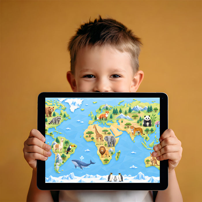 Kids playroom with a vibrant geometric world map mural above a toy storage area