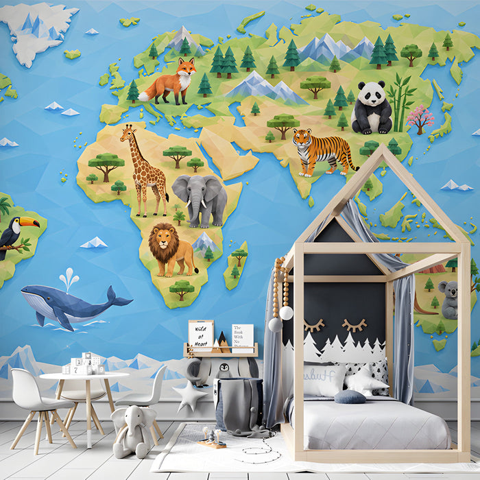 Kid's room wall featuring a detailed animal world map mural for educational decor