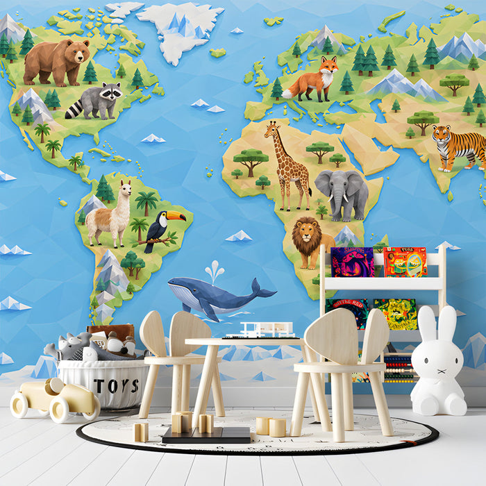 Educational animal world map installed as a playful feature wall in a nursery