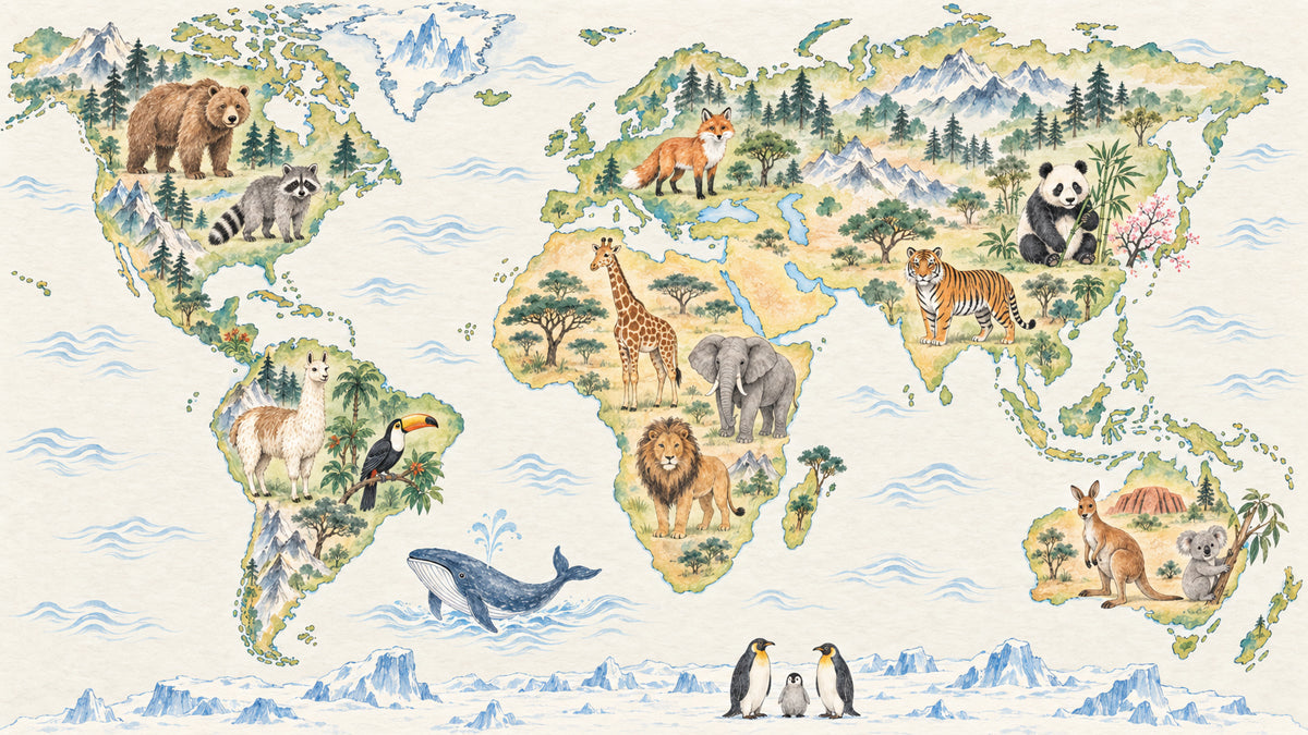 A detailed watercolor world map mural featuring various native animals like lions, pandas, and bears on a parchment-colored background.