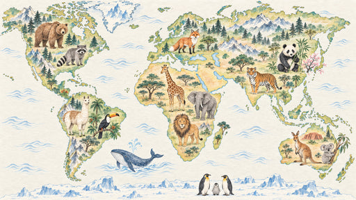 A detailed watercolor world map mural featuring various native animals like lions, pandas, and bears on a parchment-colored background.
