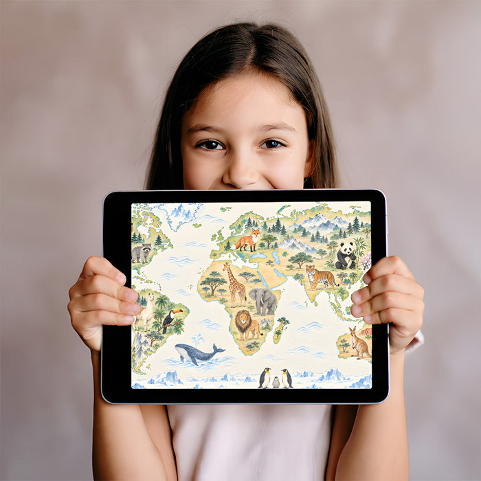 A bright playroom area featuring a world map wallpaper with friendly animal illustrations.
