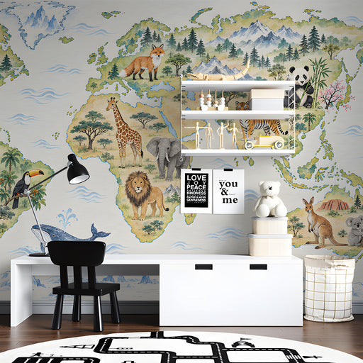 A study styled with a nature-themed animal map wallpaper on the main wall.