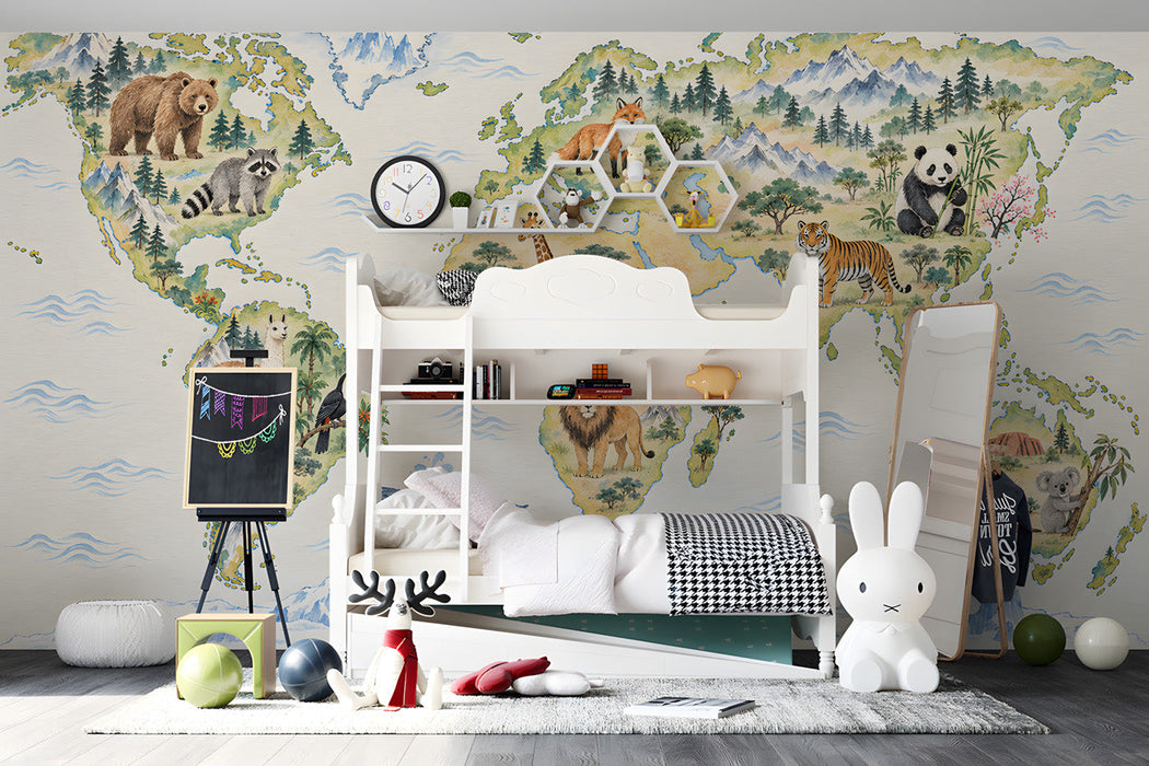 A bedroom wall decorated with an educational animal world map mural featuring soft tones.
