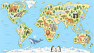 World map wallpaper with illustrated animals like a panda, giraffe, elephant, and whale on a soft blue background.