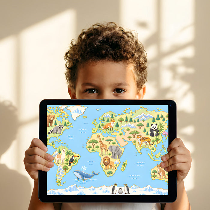 A creative playroom designed with an educational world map wall mural, wooden toy bins, and natural light.