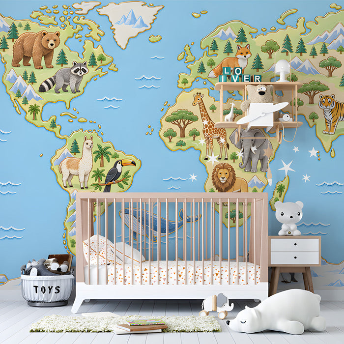 A colorful elementary bedroom featuring a detailed animal world map mural on a large feature wall.
