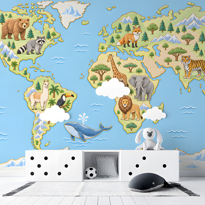A bright, cheerful nursery room with a world map mural featuring friendly animals on the main wall.