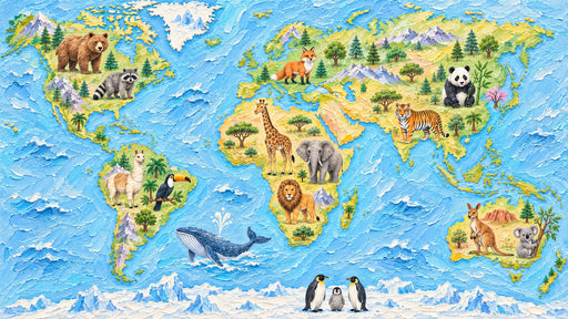 World map wallpaper with animals featuring thick impasto blue ocean and textured green continents