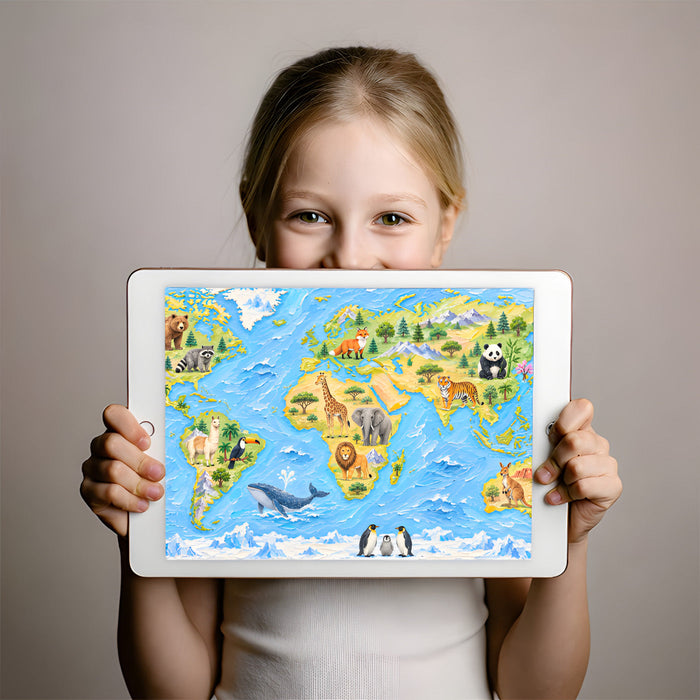 Educational animal map wallpaper in a bright kid's playroom with colorful activity furniture