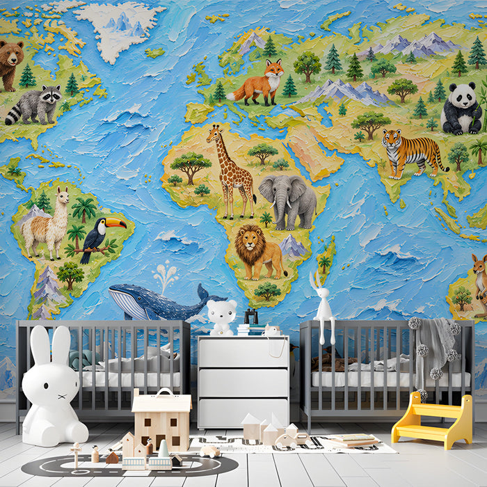World map mural with wildlife motifs displayed in a vibrant children's study area