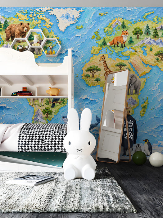 Animal world map mural installed on a nursery wall with white crib and wooden toy accents