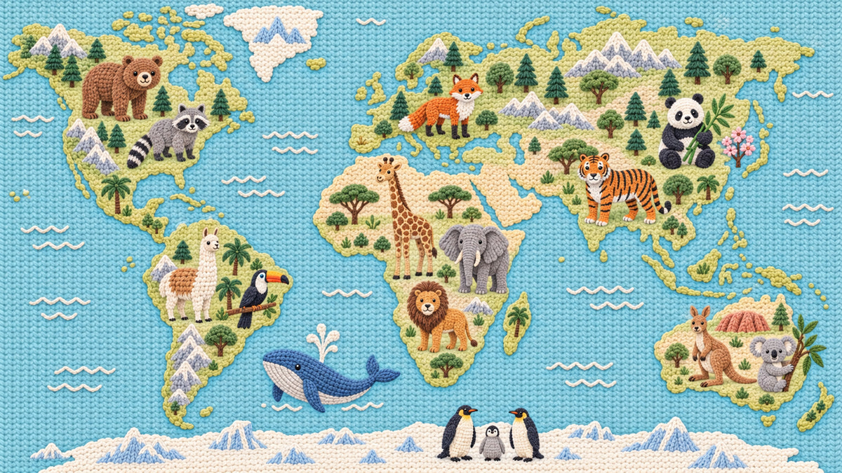 Crochet-style world map wallpaper pattern with knitted animals and blue ocean backdrop