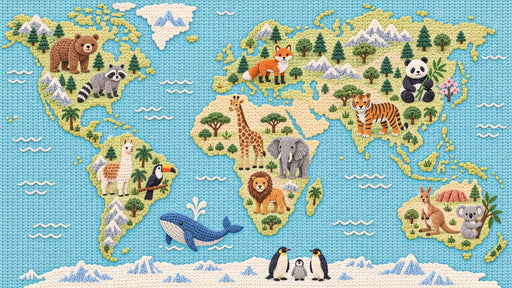 Crochet-style world map wallpaper pattern with knitted animals and blue ocean backdrop
