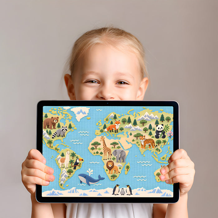 Educational world map animal mural installed in a bright kid's playroom