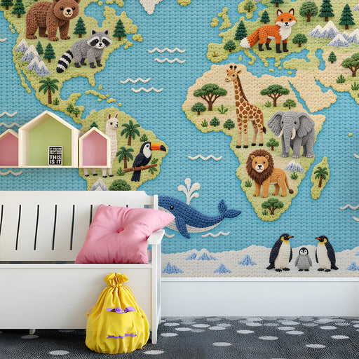 Playful animal map wallpaper feature wall in a primary school classroom