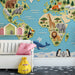 Playful animal map wallpaper feature wall in a primary school classroom