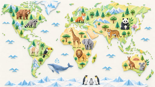 Origami-style world map wallpaper featuring geometric animals including lions, whales, and pandas in bright green and ochre tones.