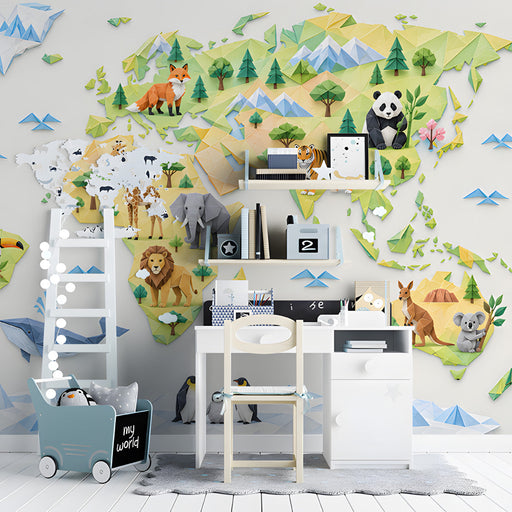 A bright study wall featuring an origami animal map, colorful wooden toy bins, and natural light.