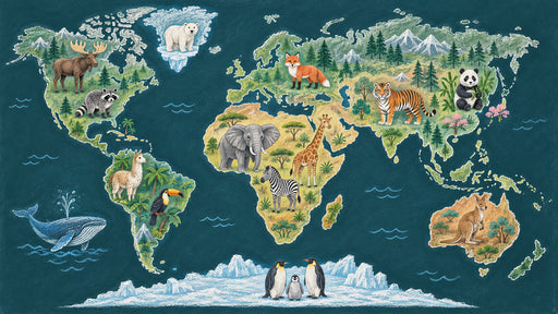 World map wallpaper with illustrated animals on a dark blue background