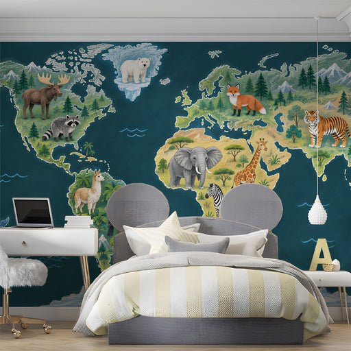Interactive world map mural behind a play desk in a bedroom
