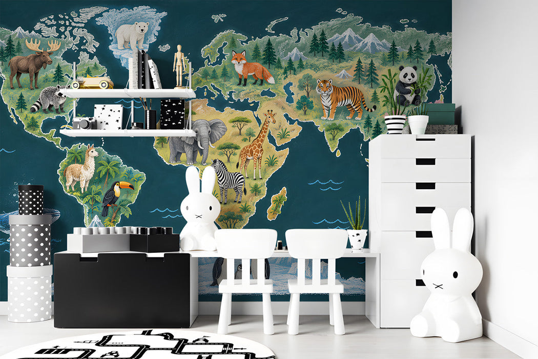 Educational animal map mural installed in a colorful boy's study