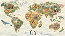 World map wallpaper featuring illustrated animals like polar bears, elephants, and tigers on a cream background.