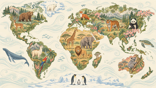World map wallpaper featuring illustrated animals like polar bears, elephants, and tigers on a cream background.