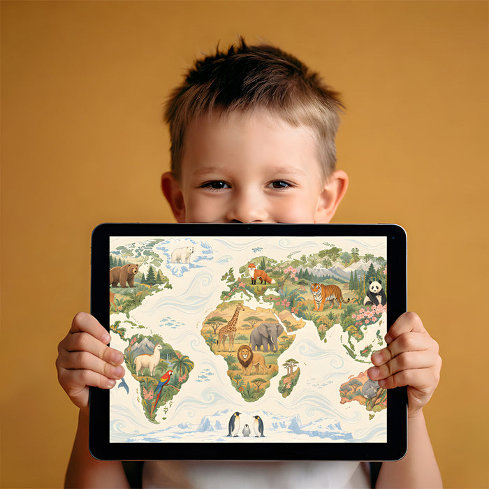 A cozy kid’s bedroom featuring a world map animal mural behind a white bed frame.