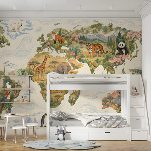A bedroom area with an illustrated map of the world, educational decor, and natural wood toys.