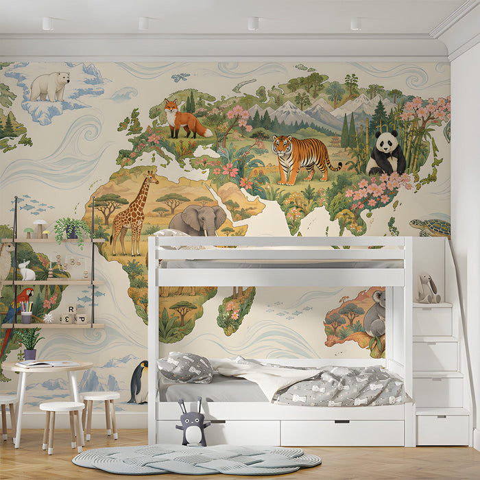A bedroom area with an illustrated map of the world, educational decor, and natural wood toys.