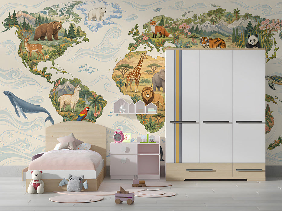 A bright bed room with a large animal map wall mural and light wooden furniture.