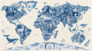 Indigo blue world map mural featuring diverse wildlife and animal habitats