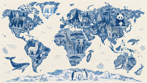 Indigo blue world map mural featuring diverse wildlife and animal habitats