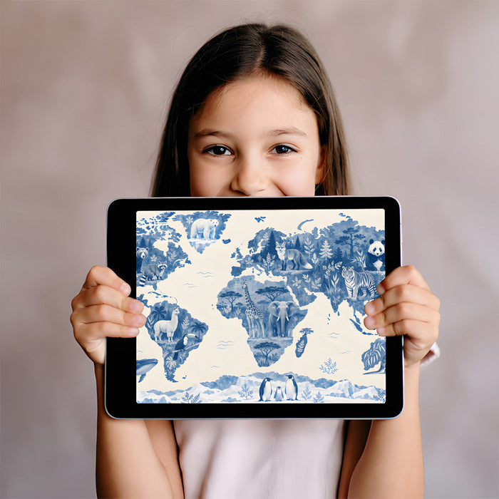 Detailed blue world map wallpaper in a cozy home study room