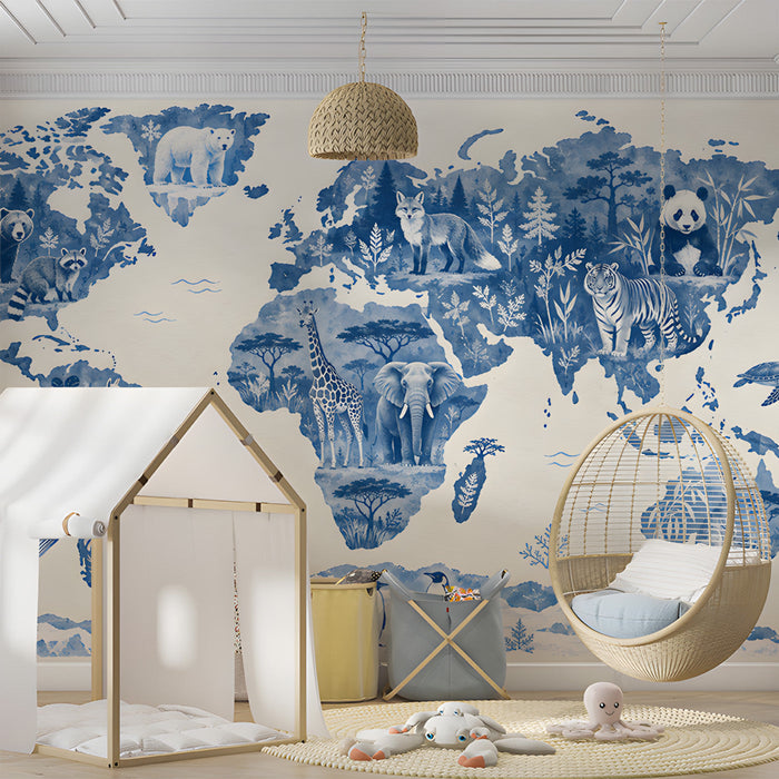 Educational animal map wall mural in a child's playroom interior