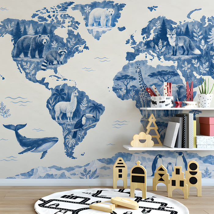 World animal map mural installed in a bright modern nursery room
