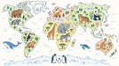 Illustrated world map wallpaper with animals like pandas, giraffes, and whales on a light background