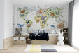 World map mural installed in a colorful kid's bedroom with wooden toys