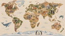 World map wallpaper mural featuring illustrated animals like polar bears, giraffes, and pandas on a light wood grain background.