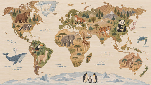 World map wallpaper mural featuring illustrated animals like polar bears, giraffes, and pandas on a light wood grain background.